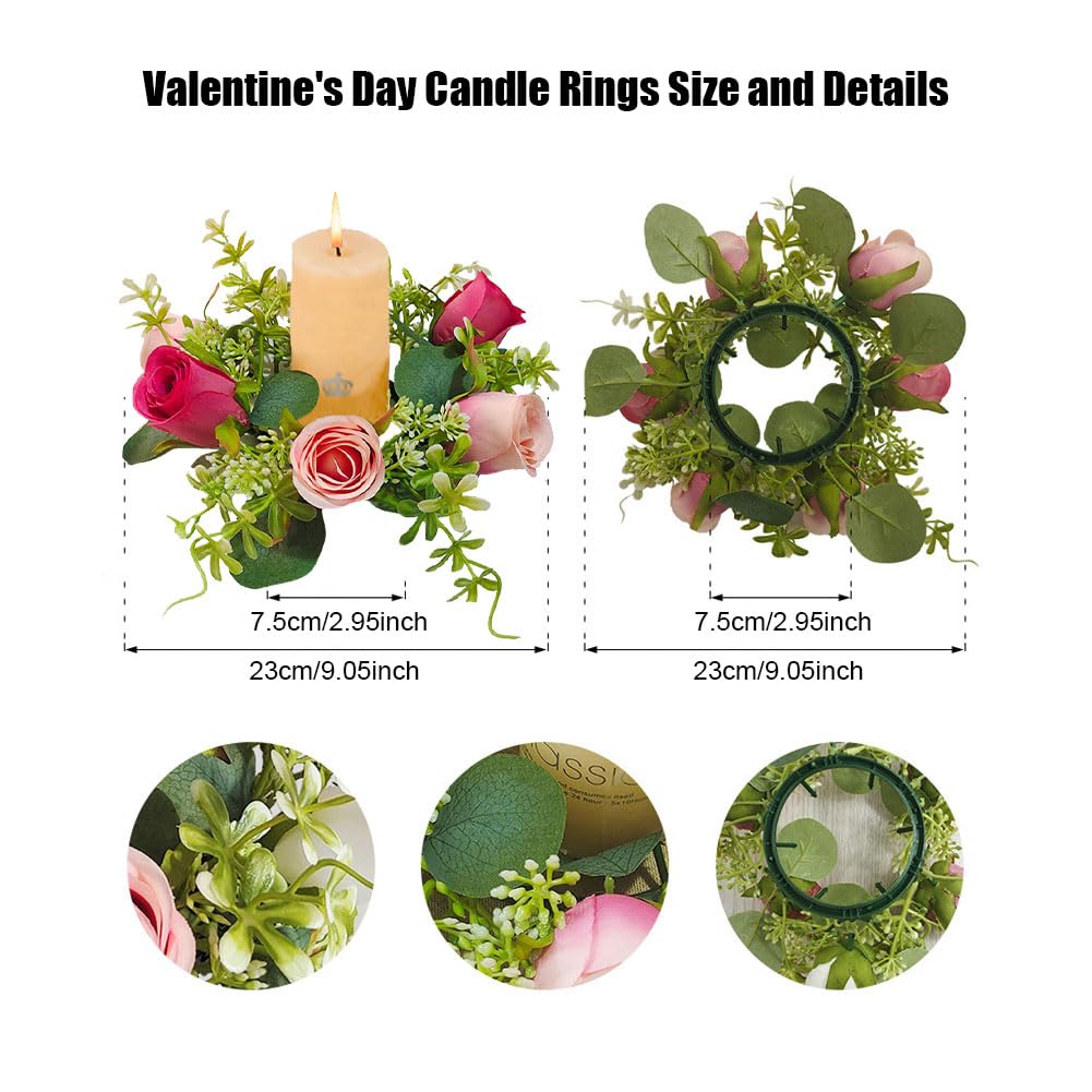 JOYWU 4-Pack Faux Rose Candle Rings, 9 in Artificial Flower Candle Wreaths with Pink Roses & Greenery, Floral Centerpiece Decor for Table, Fireplace Mantel, Wedding, Valentine's Day
