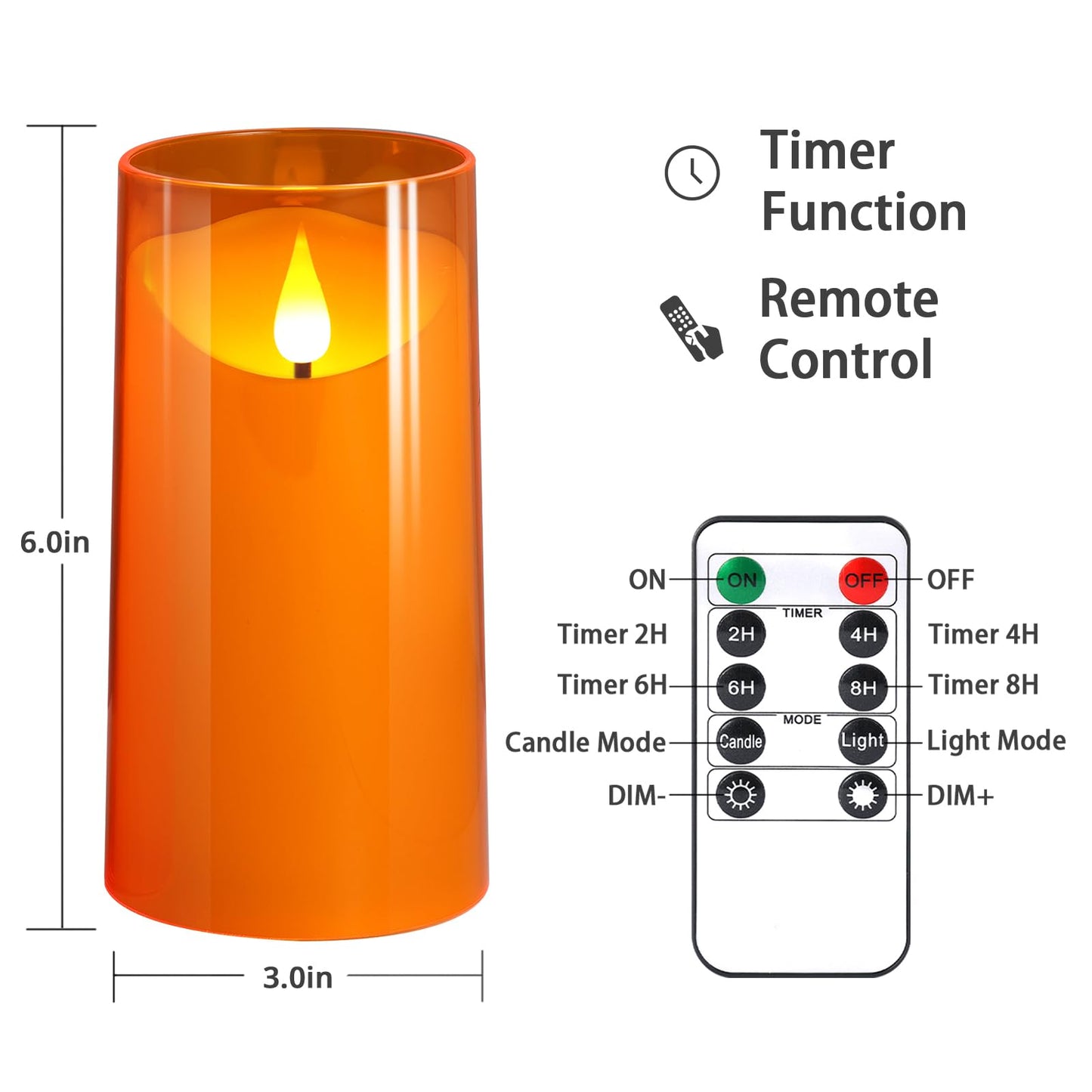 NURADA Flameless Candles with Remote and Timer - 3D Wick Unbreakable Acrylic Battery Operated LED Pillar Battery Candles for Fall Thanksgiving Dinner Tables Wedding Party Home Decor - Orange 2 Pack