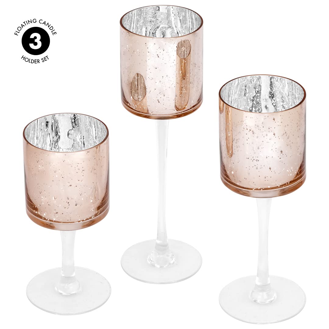 Koyal Wholesale Rose Gold Candle Holder Set of 3, Long Stem Candle Holders, Rose Gold Glass Floating Candle Holders, Tall Gold Tea Light Holders for Table Centerpiece, Tall Tealight Candle