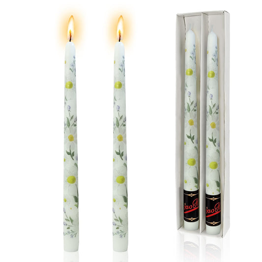 NJAO HOO Floral Candlesticks 10 in Straight Taper Candles Hand Printing Colored White Candlesticks Floral Tall Tapered Candle for Spring Home Garden Decor Simple Modern, 2Pcs