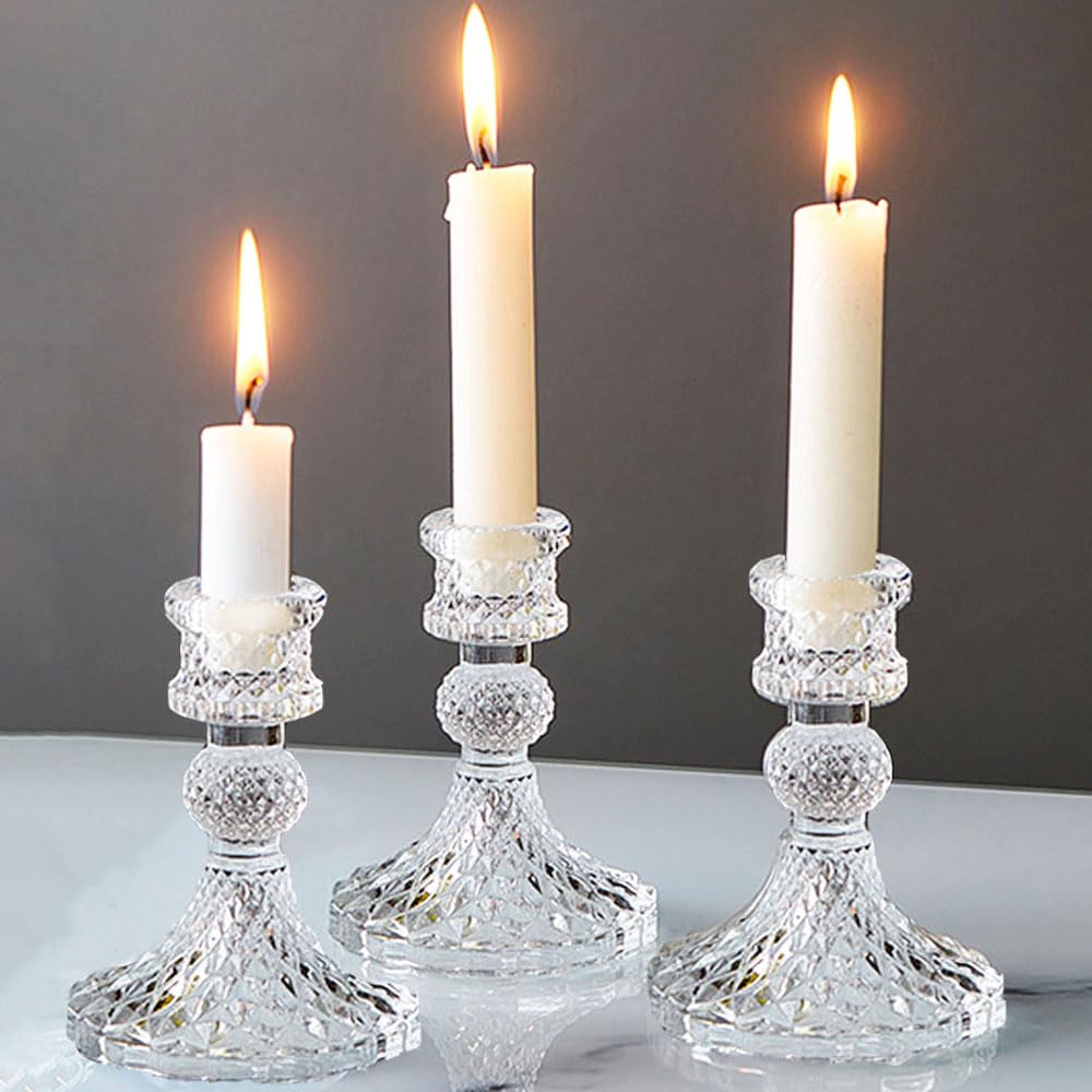 Glass Candlestick Holder Taper and Pillar Candle Holder Desktop Decoration for Wedding Dinning Party-3 Packs