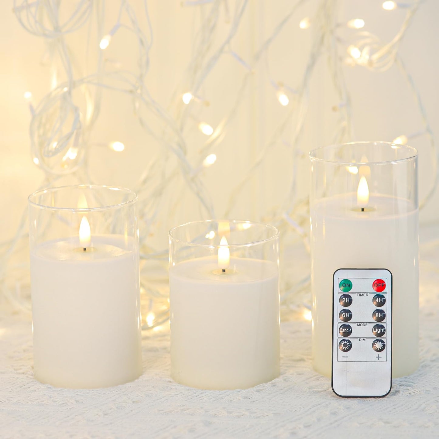 Mingfuxin Clear Glass Flickering Flameless Candles with Remote, White Wax Battery Operated LED Pillar Candle with Timer for Party Wedding Decoration, Set of 3