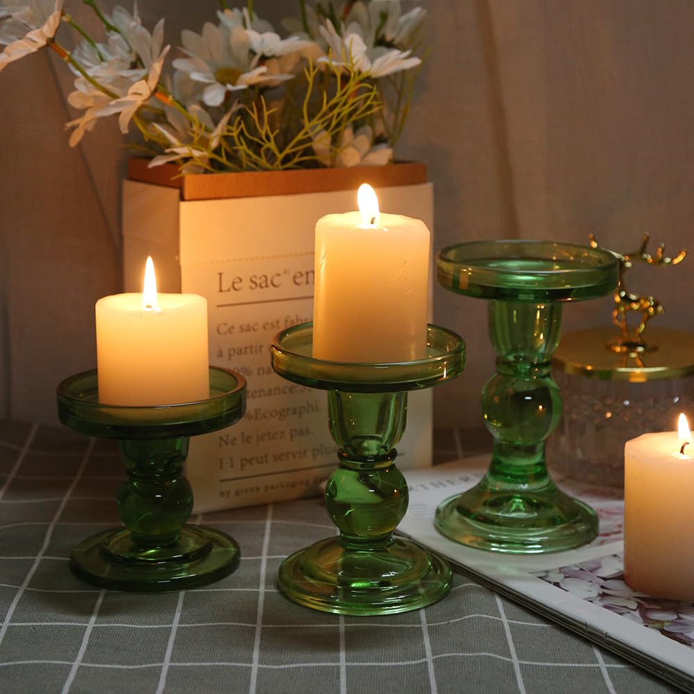 BTGLLAS 6-Piece Set of Green Glass Candlestick, Crystal Candlestick Holder Holder and Conical Candle, Christmas Candle Holder Decoration, Family Living Room Wedding Candle Holder (green2sets)