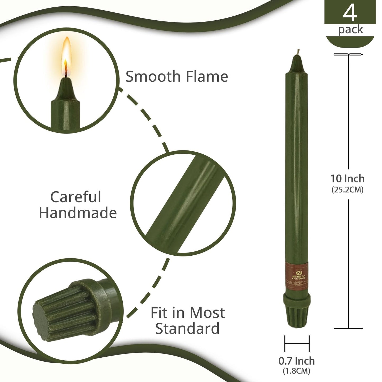 NJAO HOO Olive Green Taper Candle 10 Inch Christmas Candlesticks Unscented Dripless Handmade Candles for Home Decor Dinner New Year Party, 4 Pack