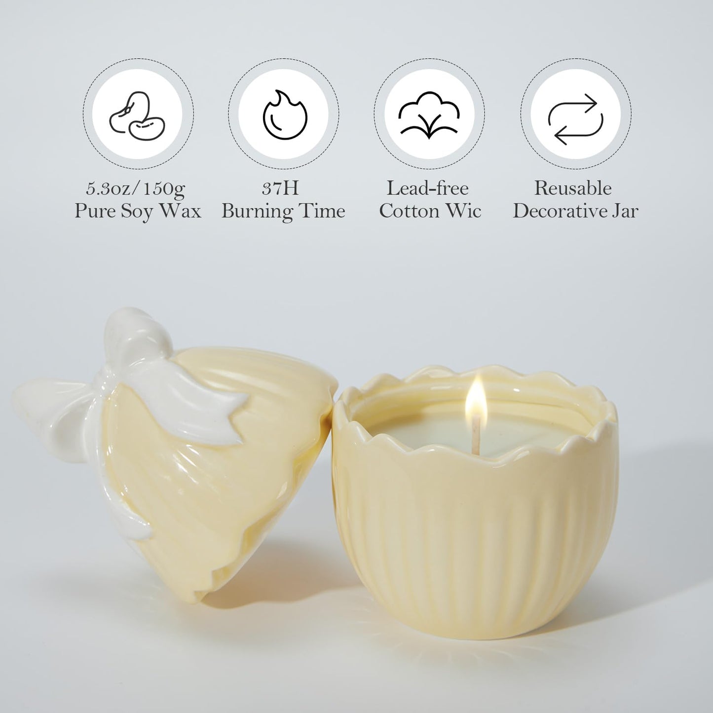 WDS WONDROUS 2-Pack Easter Bunny & Bow Ceramic Jar Candles, Egg Shaped Soy Wax Scented Candles with Daisy and Striped Design, Spring Home Decor Gift Set for Women, Yellow Farmhouse Table Centerpiece