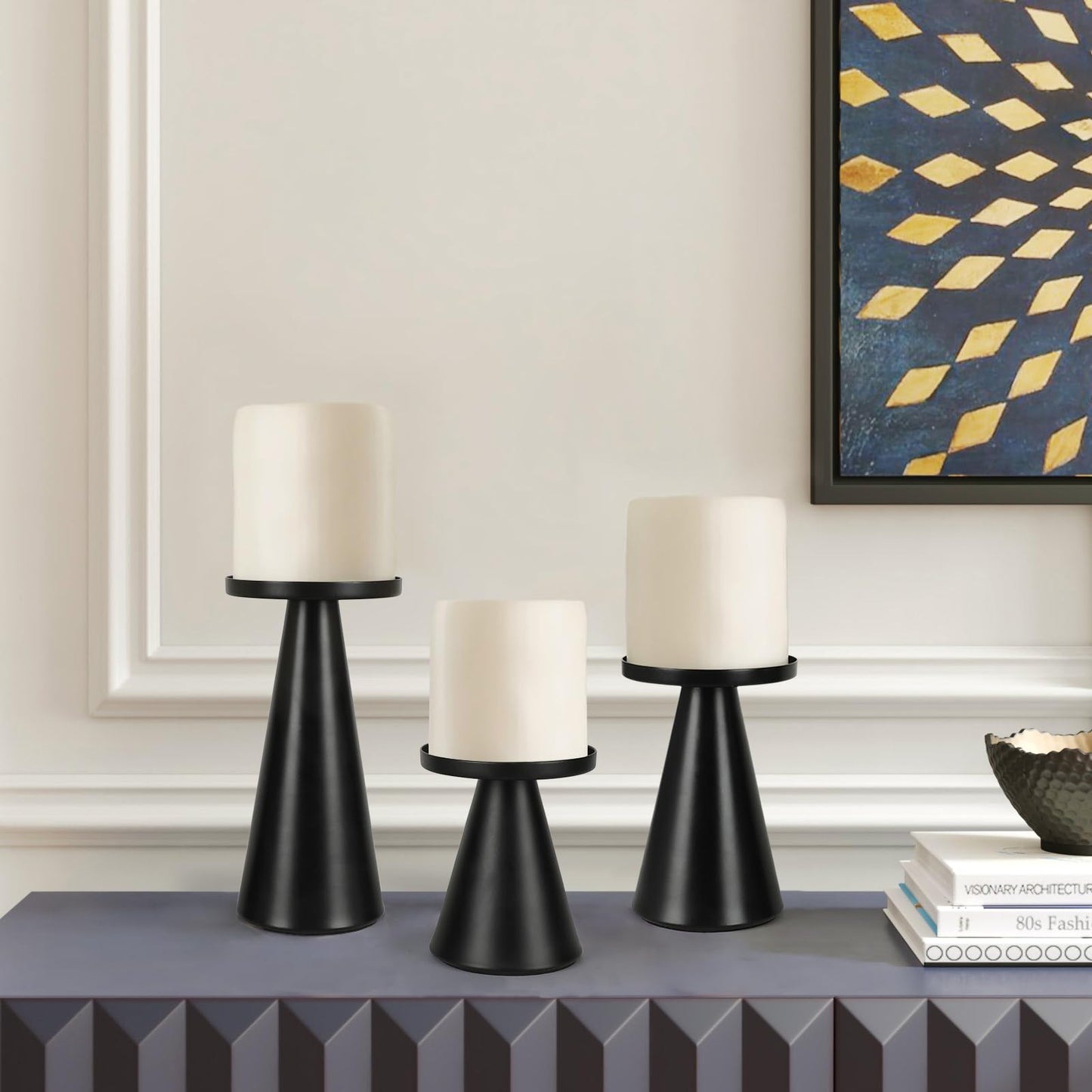 Black Iron Plate Candle Holder Set of 3-4 & 4.7 & 6.4 Inch Tall, Decorative Iron Pillar Candle Plate, Elegant Candle Stand for LED & Wax Candles, Incense Cones, Spa, Weddings (Candles Not Including)