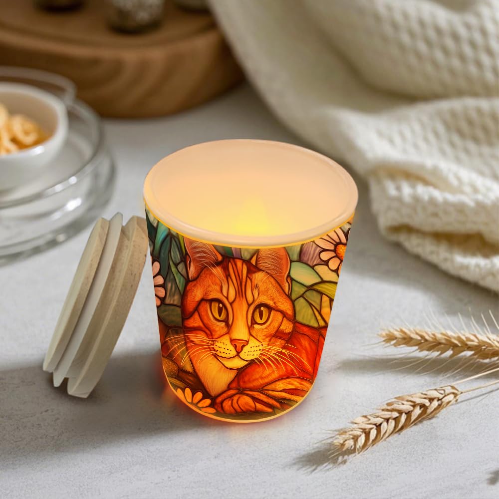 Stained Glass Cat LED Candle Holder with Bamboo Lid, Decorative Tea Light Jar, Orange Ginger Cat Design, 3.5x2.8 Inches
