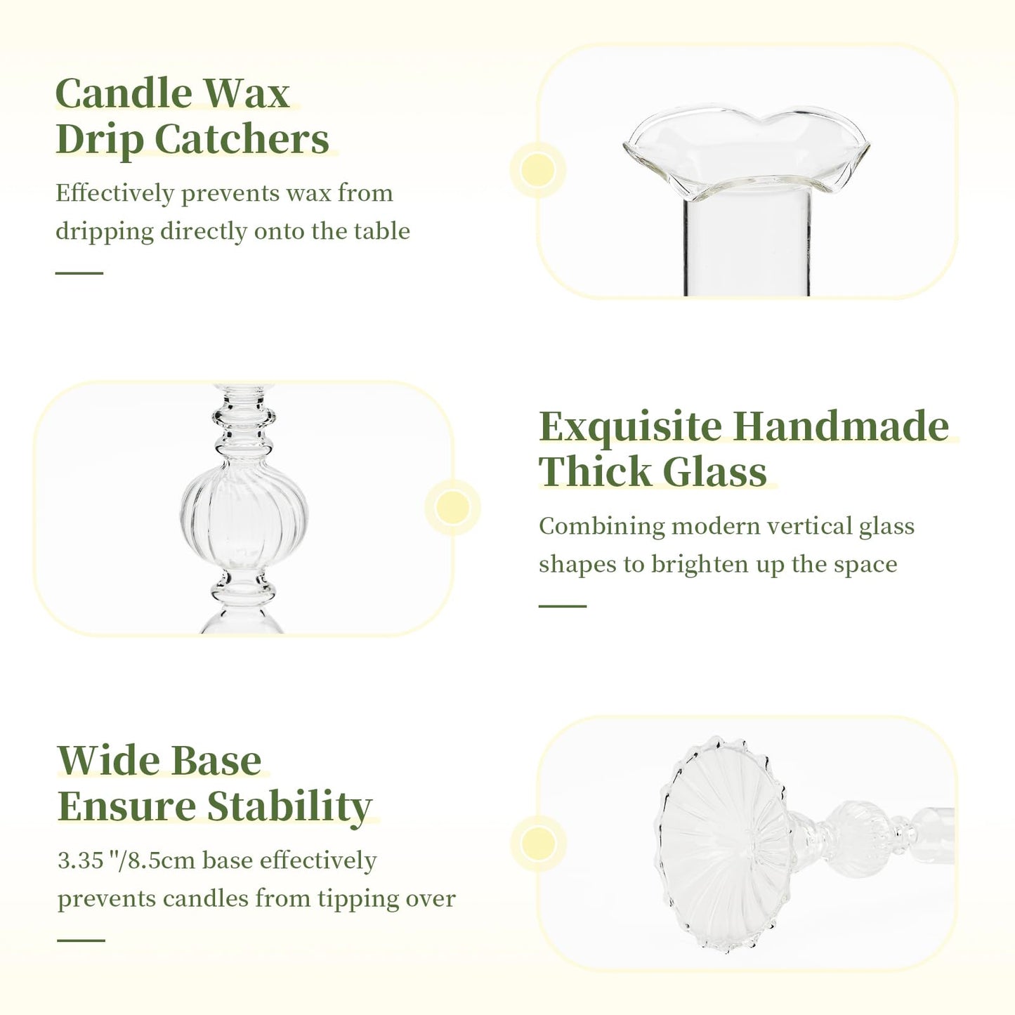 Glasseam Glass Tapered Candlestick Holders: Set of 3 Clear Candle Sticks Holder Decor with Bobeche Modern Ribbed Taper Candle Holders for Table Centerpiece Christmas Wedding Home Decorations