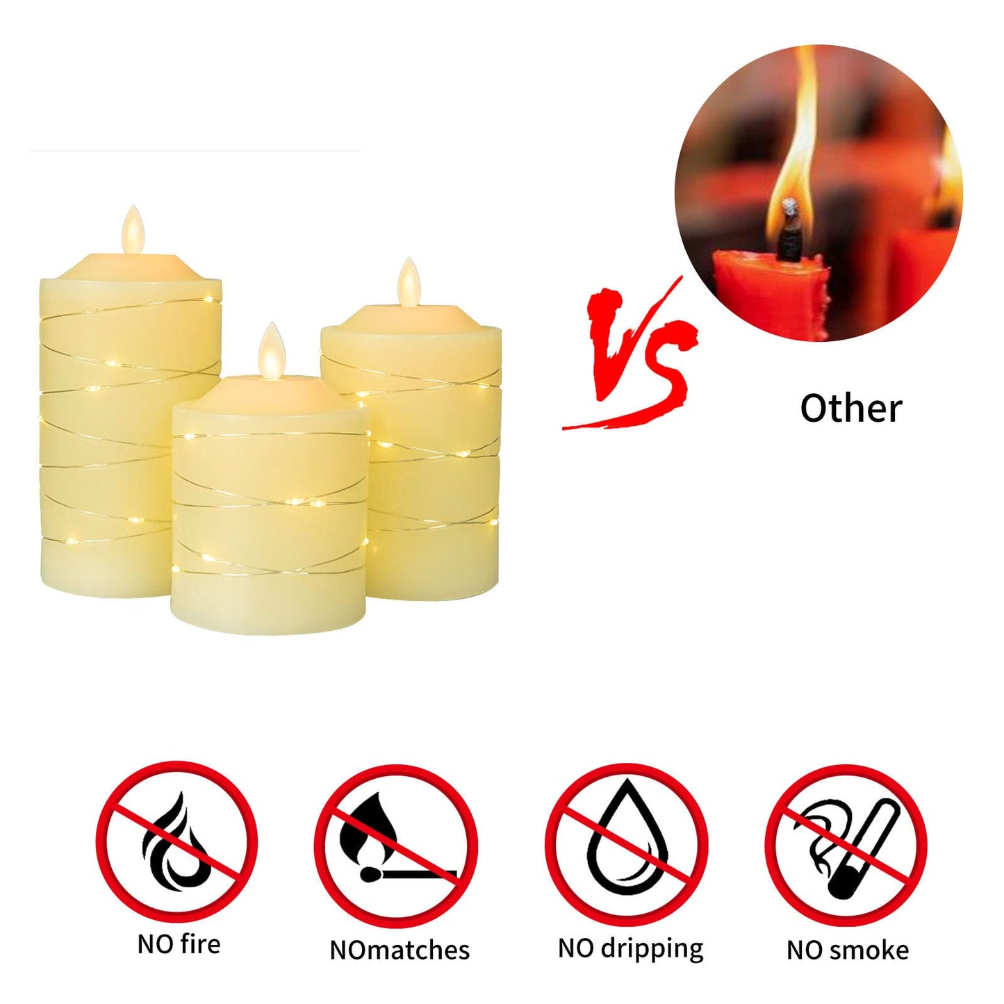 Battery Operated Flameless LED Candles: with Embedded String Lights, 3 Pack Flickering Electric Candle with 10-Key Remote Control for Seasonal Festival Celebration Real Wax(Batteries not Included)