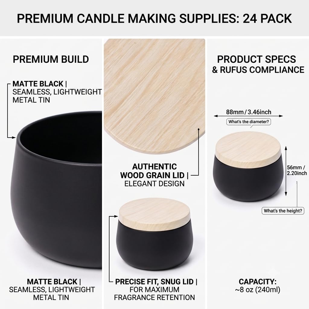 24 Pack 8 oz Candle Tins, Matte Black Metal Candle Jars with Wood Grain Lids, Empty Candle Containers Bulk for Candle Making Supplies, DIY Crafts, Storage & Gifts, Shatterproof Travel Vessels