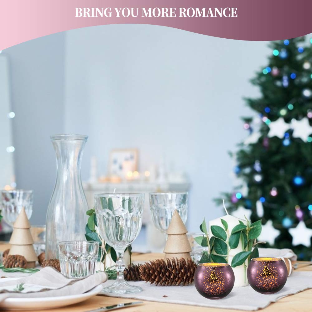 DerBlue 16Pcs Round Mercury Glass Votive Candle Holders for Wedding Centerpieces, Valentines Dinner, Garden Tub and Any Theme Events (Purple)