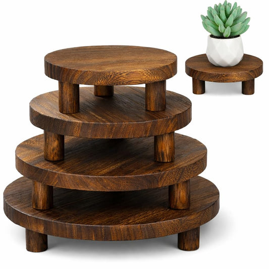 Varku 4 Pcs Wooden Risers for Decor, Round Wood Display Stands, 5-8 Inch Set, Vintage Dark Wood with Natural Grain, Ideal for Candle, Aromatherapy, and Home Display