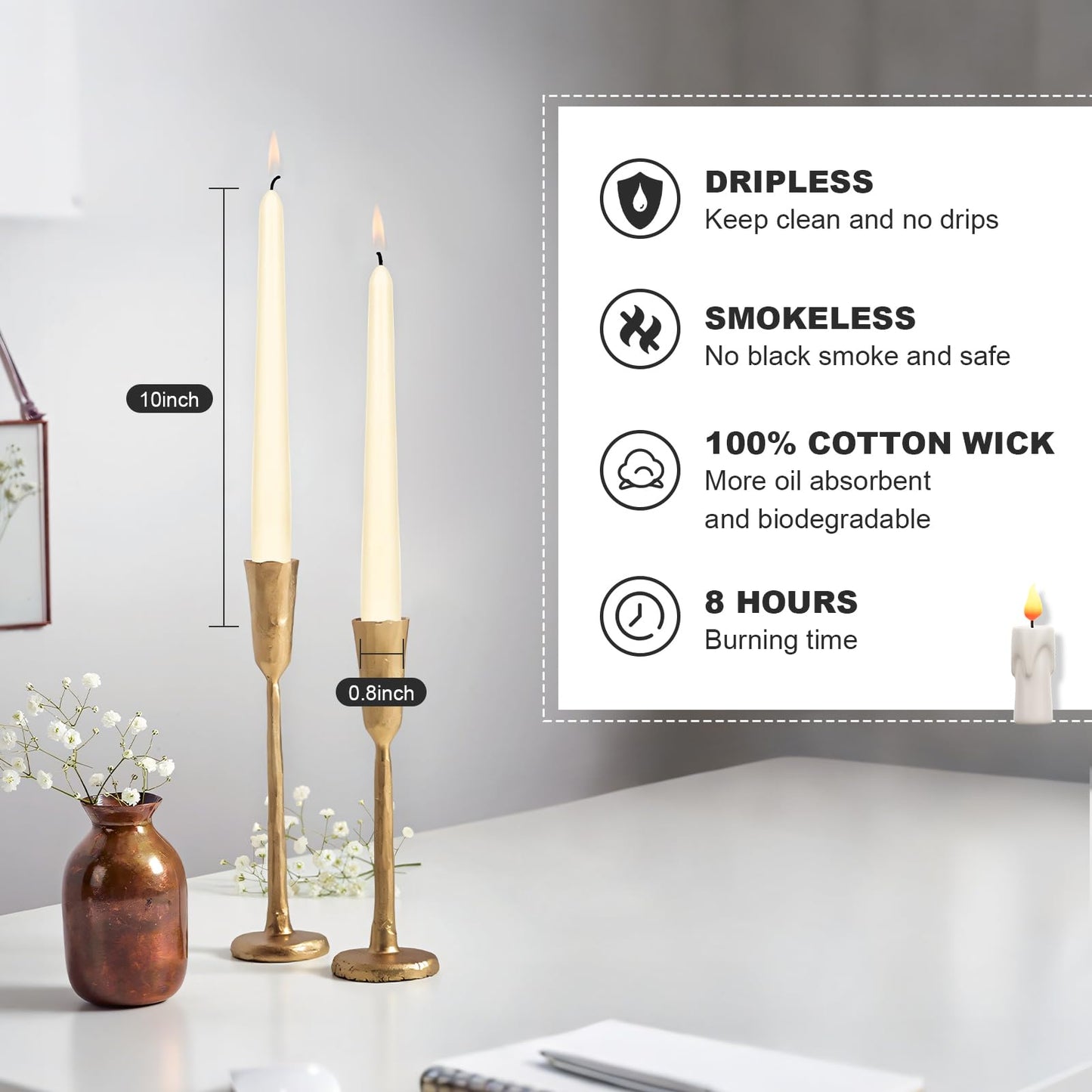Dripless Unscented Taper Candles, 10 Inch Ivory 6-Pack – 8 Hour Long Burn by Ksefey, Perfect for Wedding Decor, Dinner Parties & Cozy Evenings
