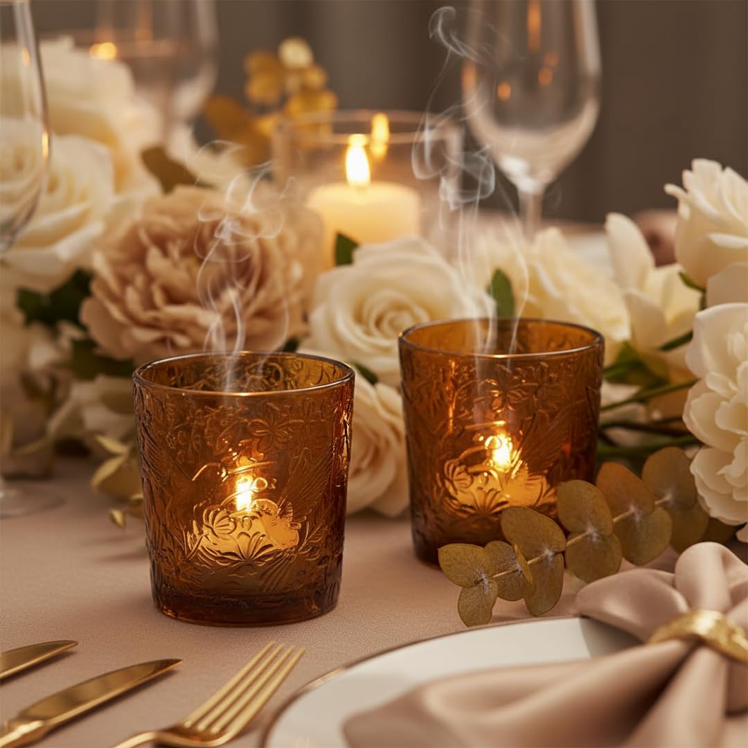 12 Pack Hummingbird Embossed Glass Candle Holders – Votive Tealight Holders with Patent Design, Decorative Embossed Glass Cups for Wedding Centerpieces, Parties, and Home Décor (Chestnut Brown)