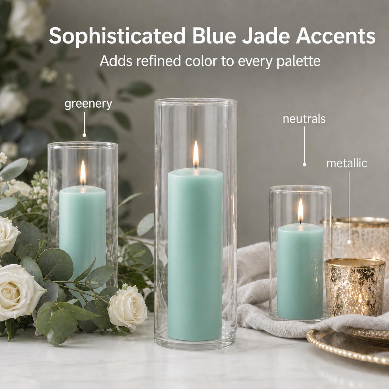 Yummi Set of 36 Slim Pillar Candles and Cylinder Vases - Blue Jade