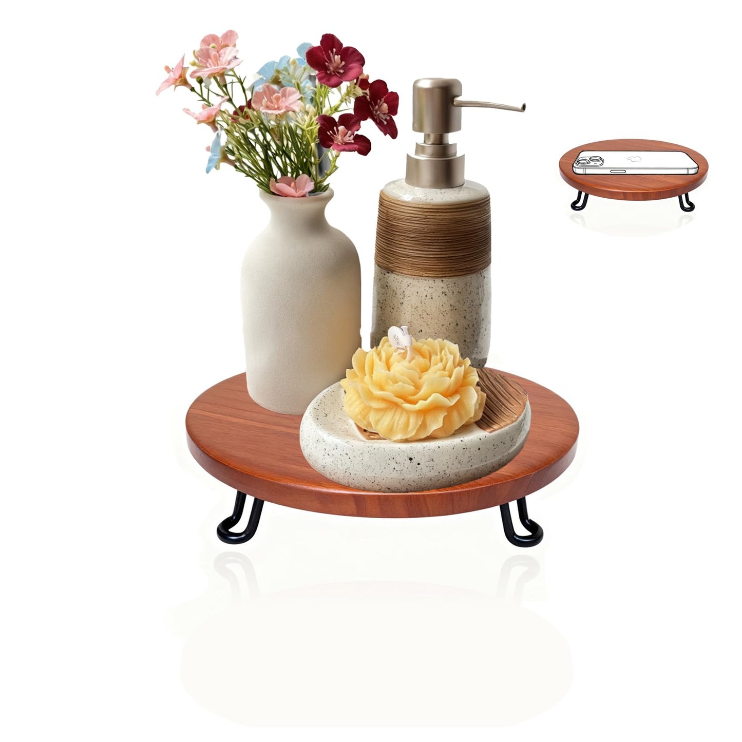 Banrinly 8 Inch Round Wood Riser with Metal Legs - Decorative Pedestal Tray Stand for Countertop Organizer - Farmhouse Boho Style Display Stand for Kitchen, Bathroom, Coffee Bar