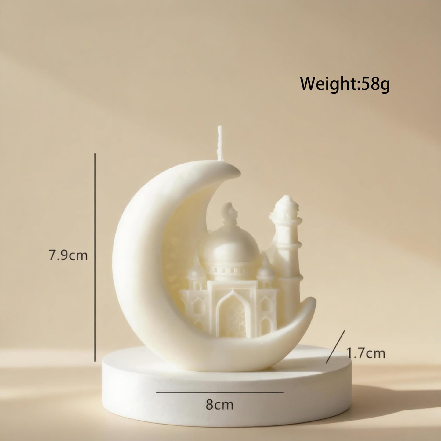 Mosque Architecture Shaped Scented Candle,White Carved Islamic Religious Theme Candle with Crescent Design,Smokeless Vanilla for Ramadan Spiritual Décor & Gift Giving (White-Moon)