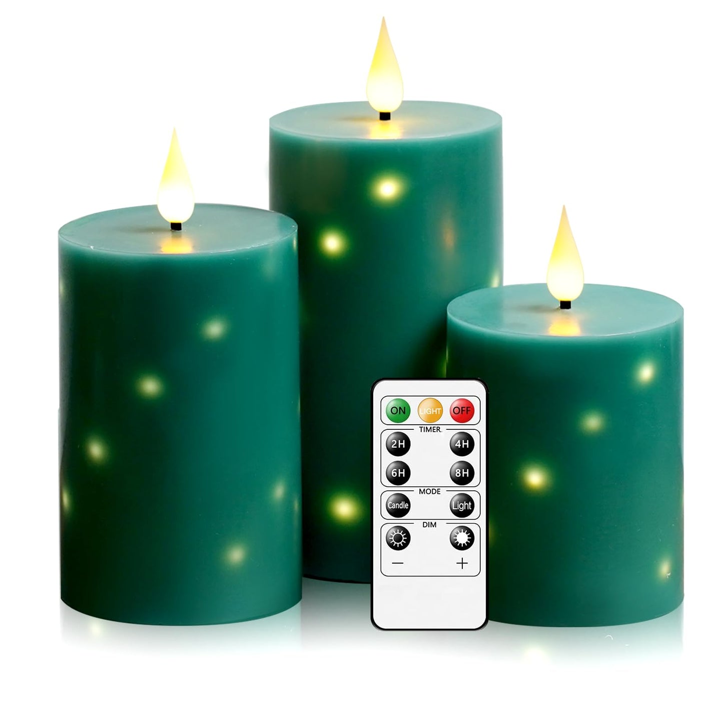 JINYANIA Flameless Candles with Embedded Star String, Real Wax Battery Operated Candles with Remote Timer, Flickering Pillar LED Candle Set for Home Decor Romantic Ambiance （Green）