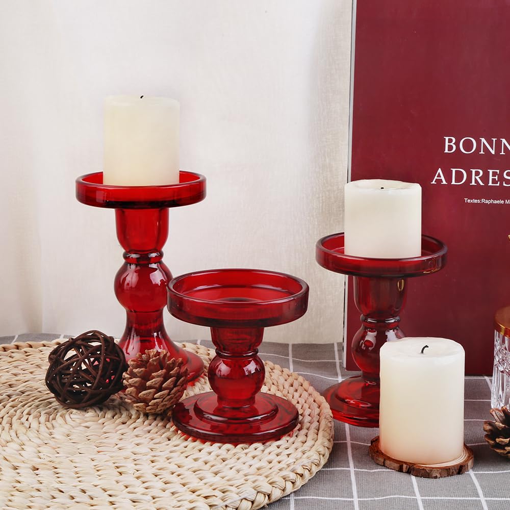 BTGLLAS 6-Piece Set of Red Glass Candlestick, Crystal Candlestick Holder Holder and Conical Candle, Christmas Candle Holder Decoration, Family Living Room Wedding Candle Holder (red2sets)
