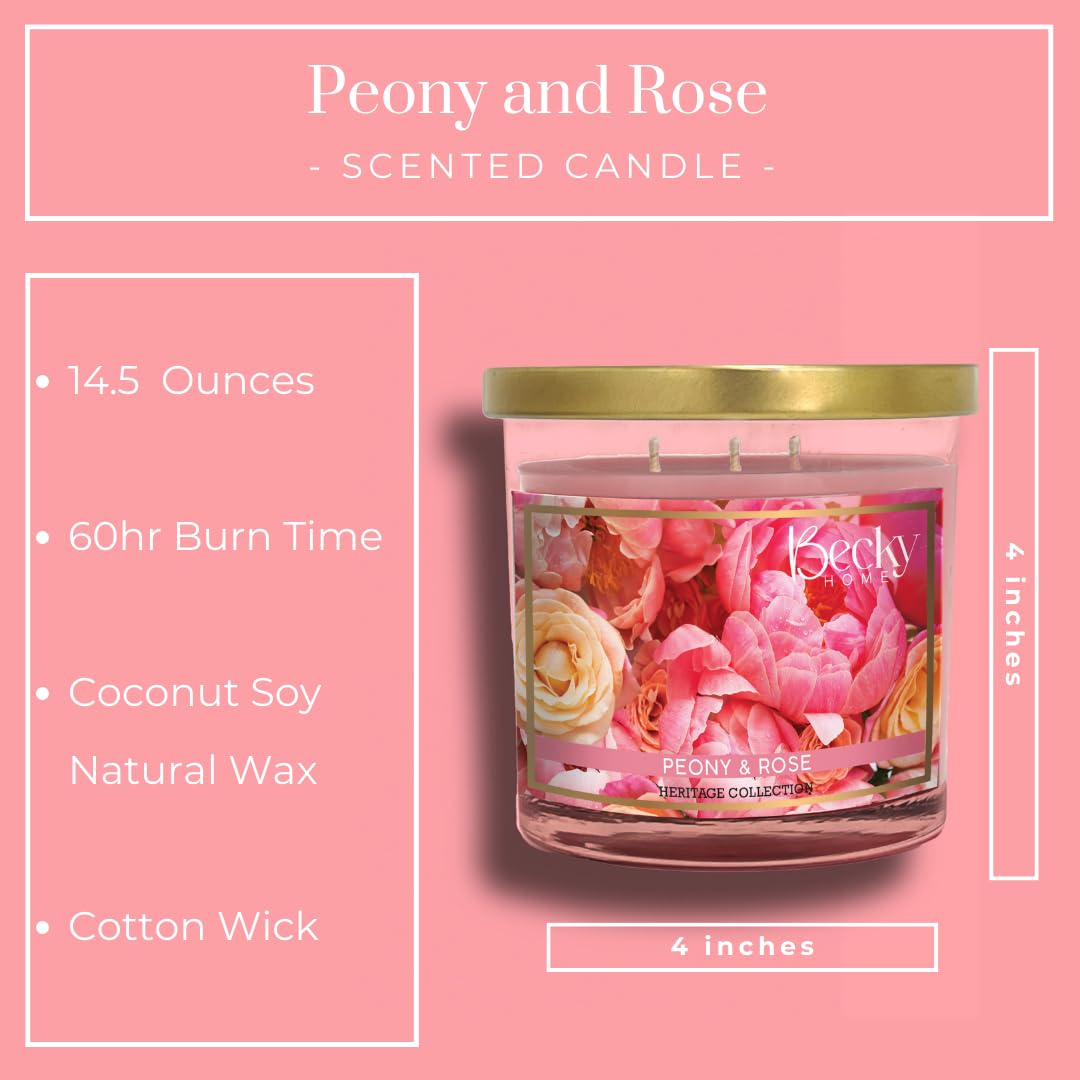 Peony and Rose Scented 3-Wick Candle in Glass Jar | Candles for Home | 14.5oz Rustic Home Decor Novelty Candle | 60 Hour Burn Time Candle