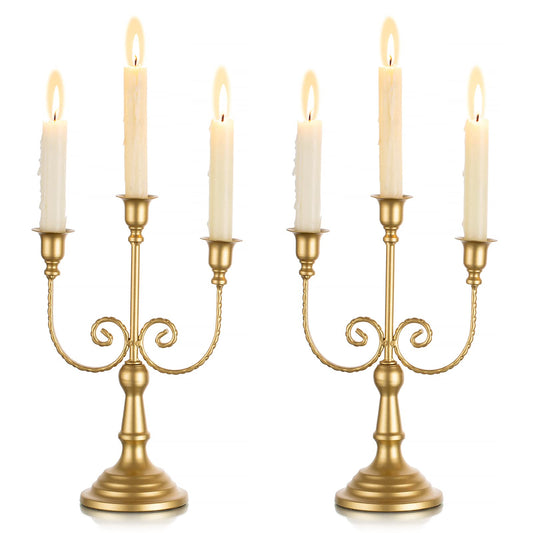 Sziqiqi Gold Taper Candle Holder for Centerpiece - 3-stem Candlesticks Holder for Wedding Table Centerpieces Metal Candle Stick Holders for Fireplace Mantle 2pcs
