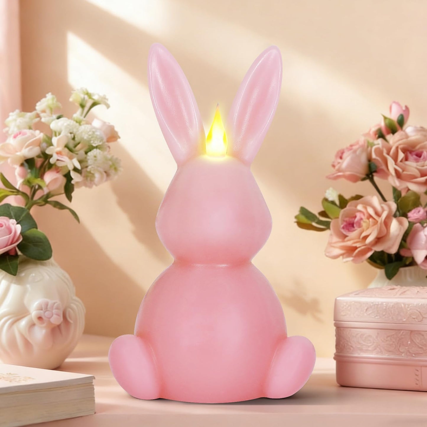 Leorate Pink Easter Bunny Flameless Candles, Real Wax Carved LED Candle Battery Operated, Scented Bunny Shape Easter Decorations Set for Home Living Room Bedroom Party Centerpiece Table Home Decor