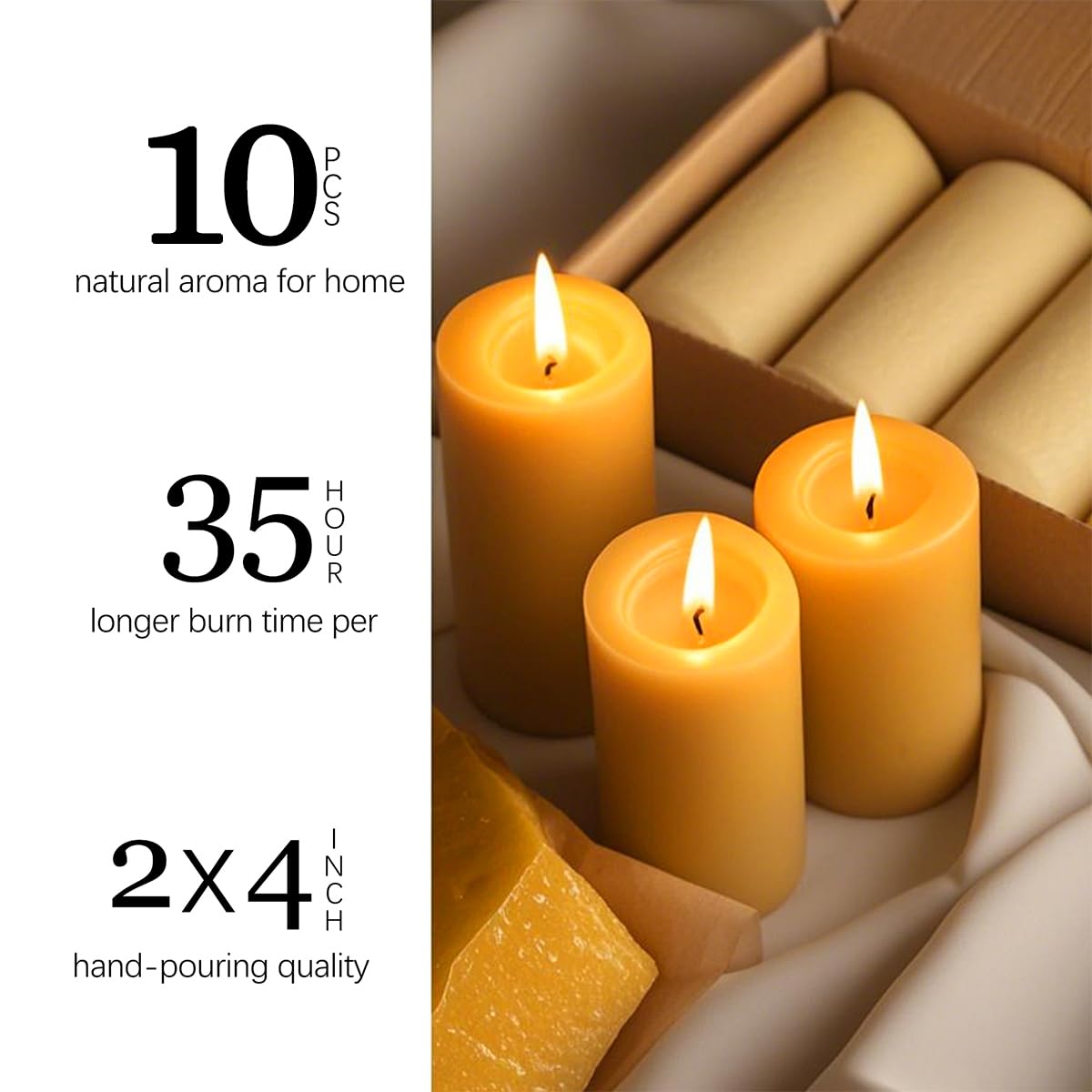10 Packs Natural Beeswax Candles, 100% Pure Beeswax Pillar Candles for Emergency Prayer Home Decor, Bees Wax Candle for Relax, Smokeless & Dripless [2x4 inch]