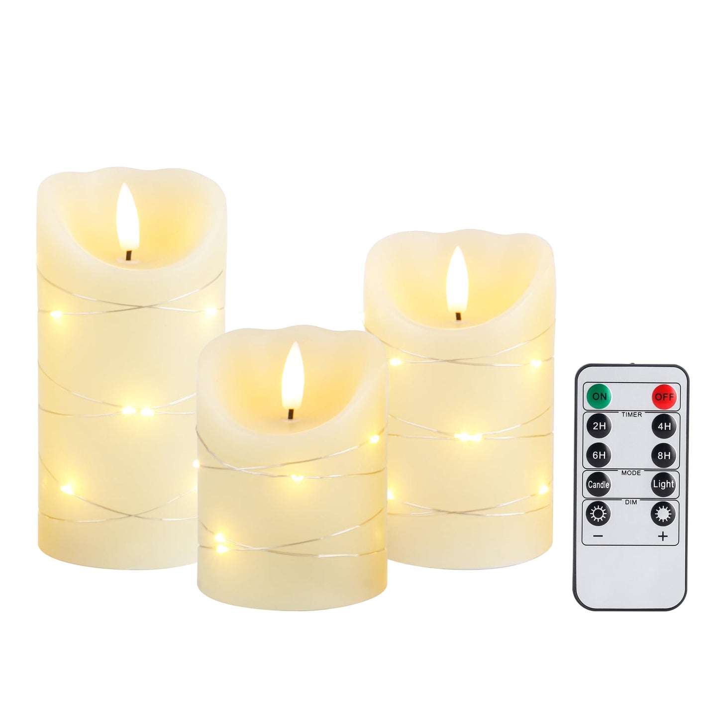 JHY DESIGN Flickering Flameless Candles Real Wax Electric with Embedded String Lights, Battery Operated Pillar LED Candles for Gift, Christmas & Home Decorations, with Remote & Timer, Set of 3(Ivory)