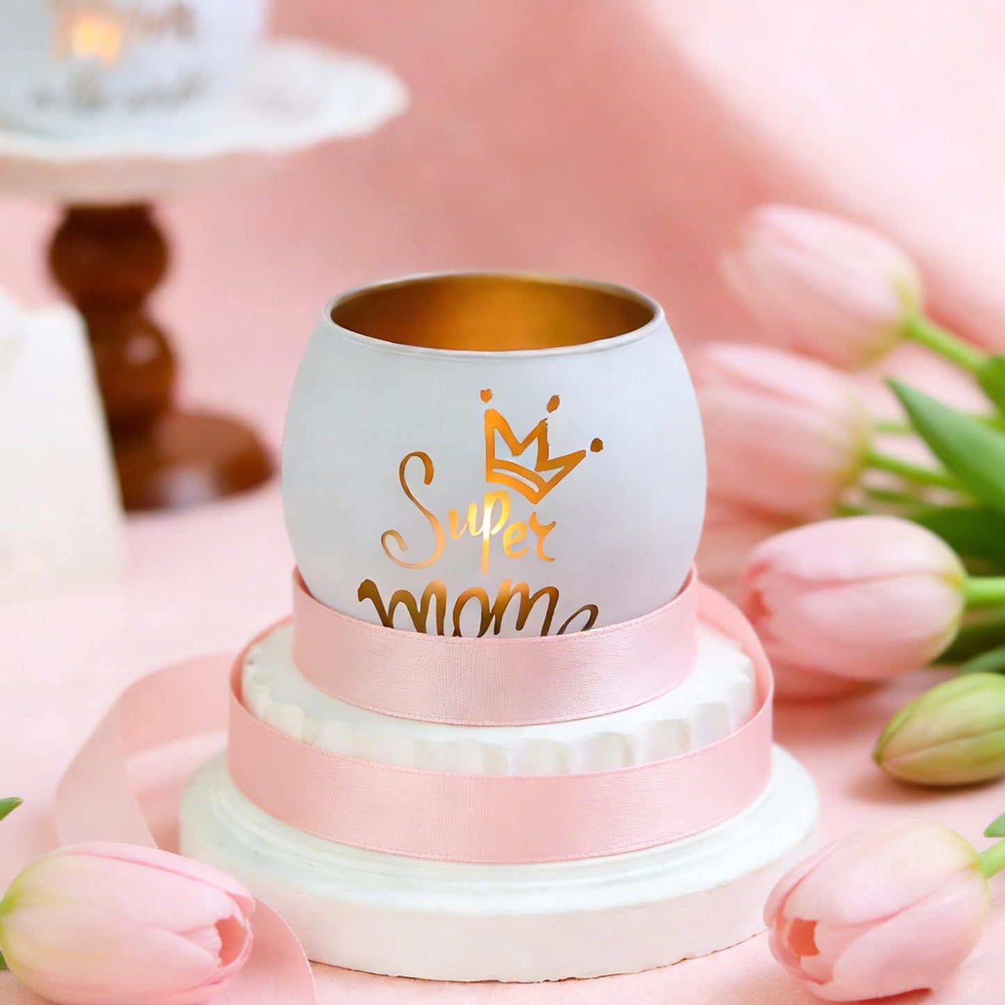 Mother's Day Glass Candle Holders Set of 4, Best Mom Ever Tealight Holders with Super Mom & Heart Designs, Decorative Votive Candle Holders for Women's Birthday, Grandma Gift & Mother's Day Decor