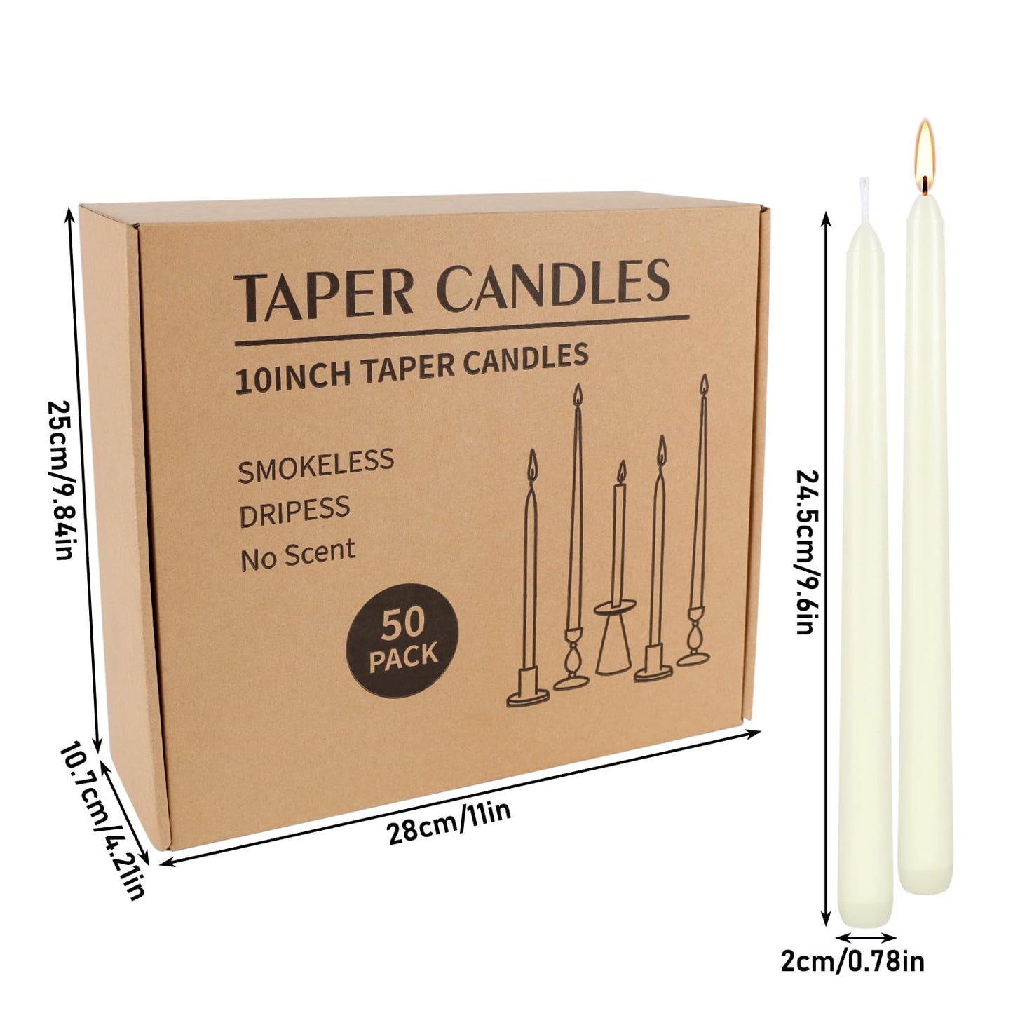 WPONSZU 50 Pack Ivory Taper Candles, 7-8 Hours Burn Time, Unscented, Smokeless and Dripless, 4/5 x 10 Inch for Christmas,Household,Dinner,Wedding,Valentine's Day,Party and Home Décor Candlesticks