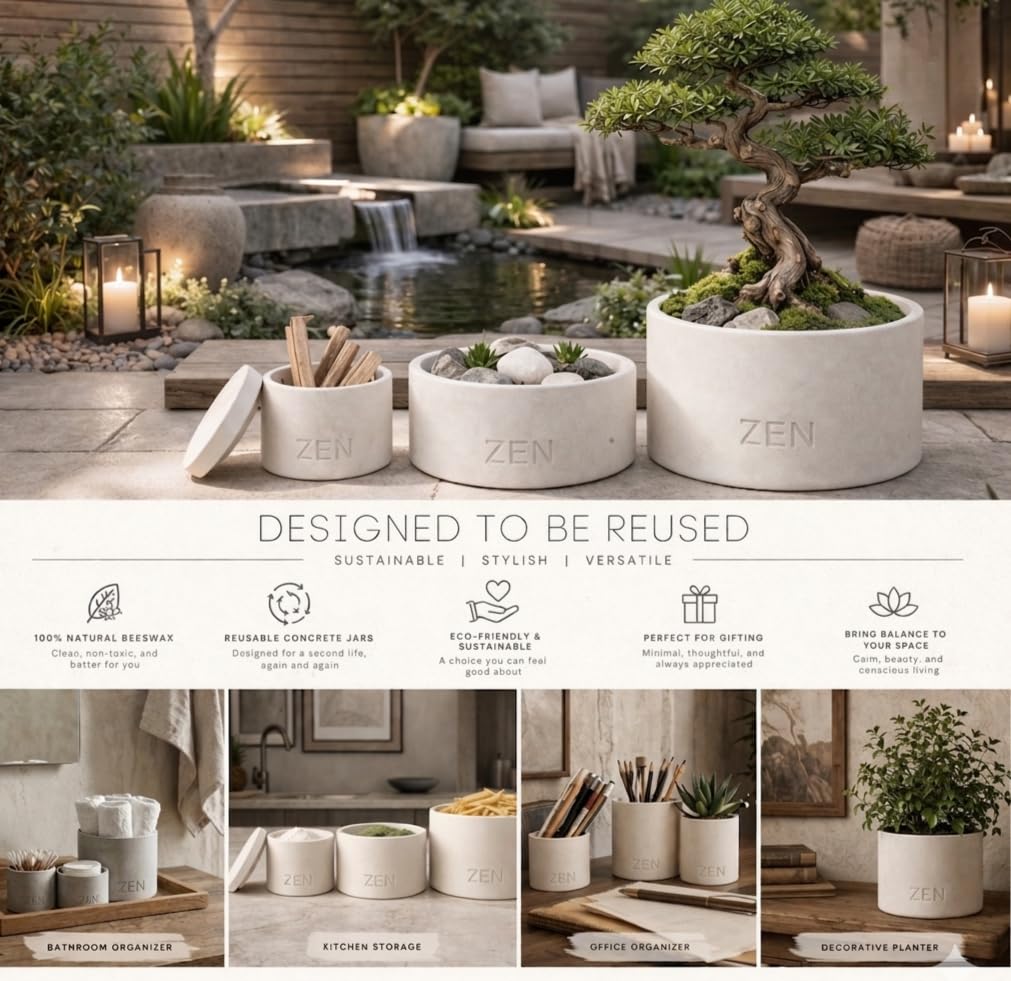 Zen Concrete Candle with Lid – Jasmine Rose Ylang Floral – 100% Beeswax, Minimalist Jar, Wooden Wick, Reusable Container Plant Pot Storage – Luxury-Inspired (Gray, Medium, JAD)