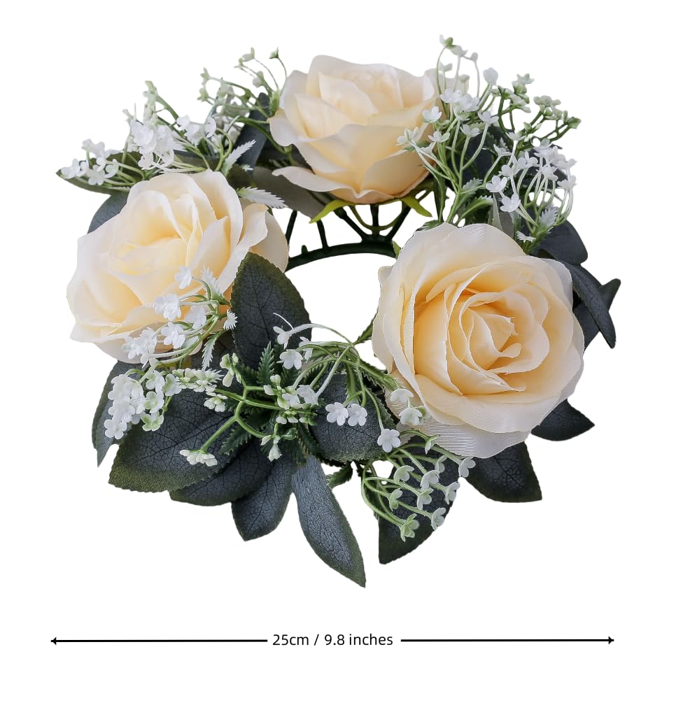 2 Pack Artificial Rose Candle Rings, Christmas Floral Wreaths with Eucalyptus Leaves Mini Wreaths Candle Rings for Pillar Candle Lantern Wedding Centerpiece Party Home Fall Table Decor (Champagne)