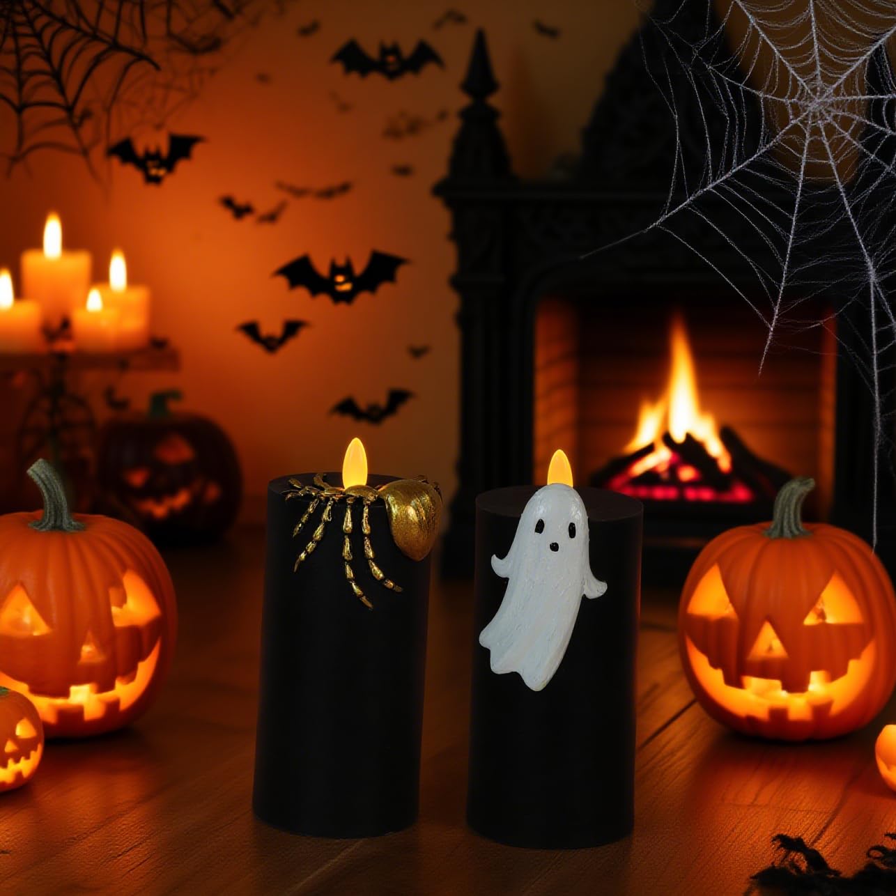 Silverstro Halloween Flameless Candles with Remote & Timer, Real Wax Hand-Carved Painted Ghost Spider LED Candles for Home Party Haunted House Horror Theme Halloween Decor, 3" x 7" Set of 2