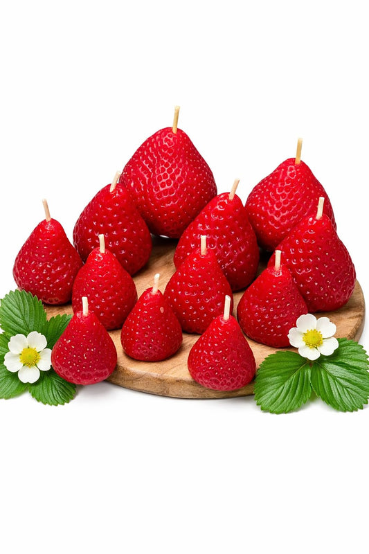 Handmade Beeswax Cake Candles with Cotton Wicks – Eco-Friendly Strawberry Shaped Candles for Parties, Weddings, Cupcakes, Celebrations (Strawberries)