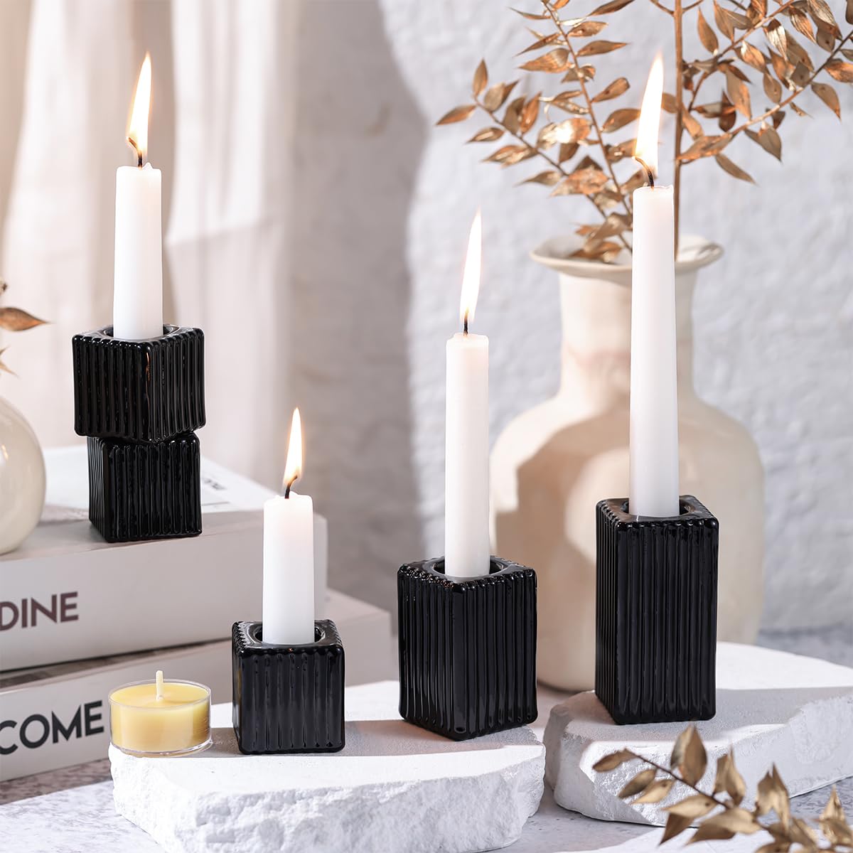 LETINE 12pcs Black Vertical Stripe Glass Candlestick Holders - Chic Taper Candle Sticks Holder Set for Elegant Dining & Home Decor - Ideal Candle Holders for Wall,Living Room,Bedroom, Kitchen Decor