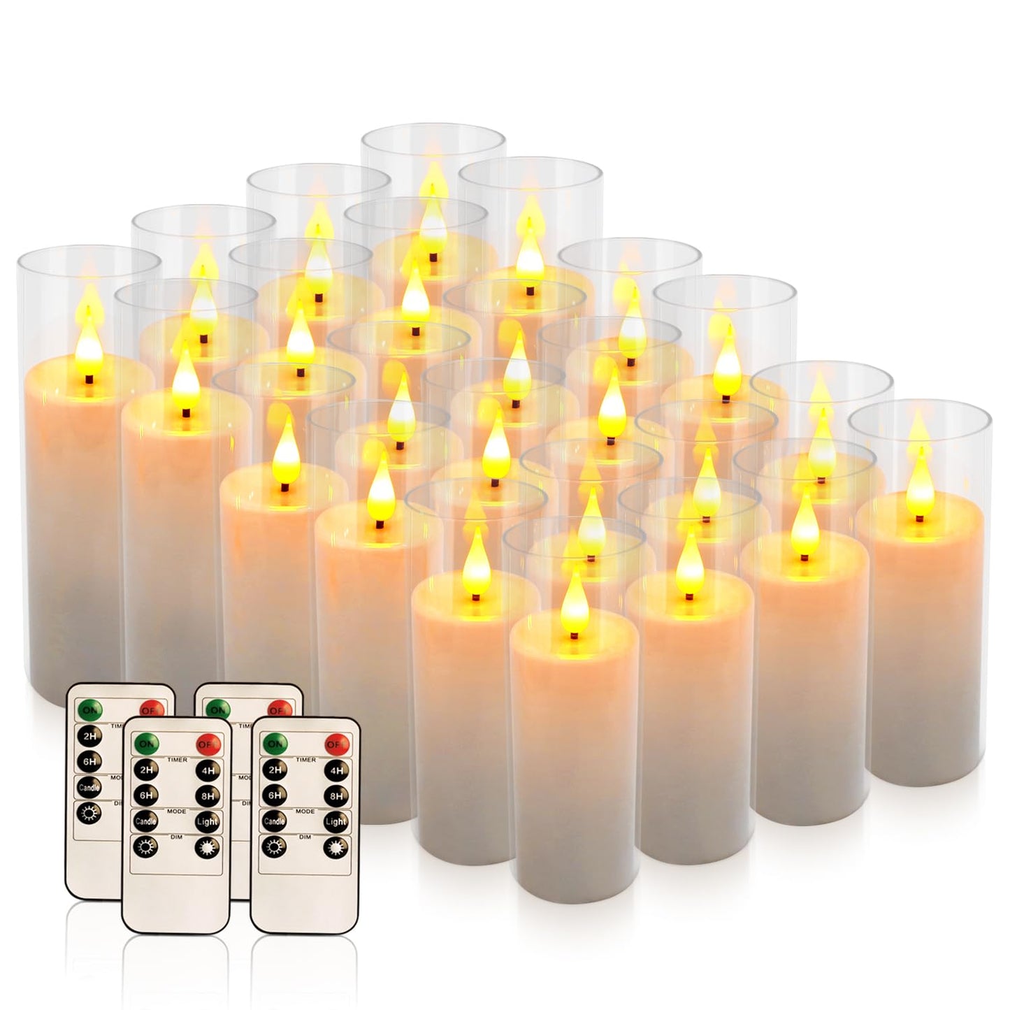 Flickering Flameless LED Candles, 24 Pcs Battery Operated Acrylic LED Pillar Candles with 4 Remote Controls & Timer Function - Safe for Home, Wedding, Outdoor Decor, Halloween, Christmas Party.