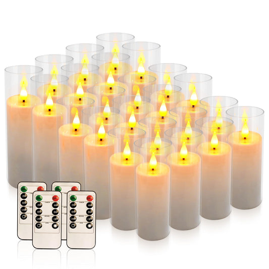 Flickering Flameless LED Candles, 24 Pcs Battery Operated Acrylic LED Pillar Candles with 4 Remote Controls & Timer Function - Safe for Home, Wedding, Outdoor Decor, Halloween, Christmas Party.