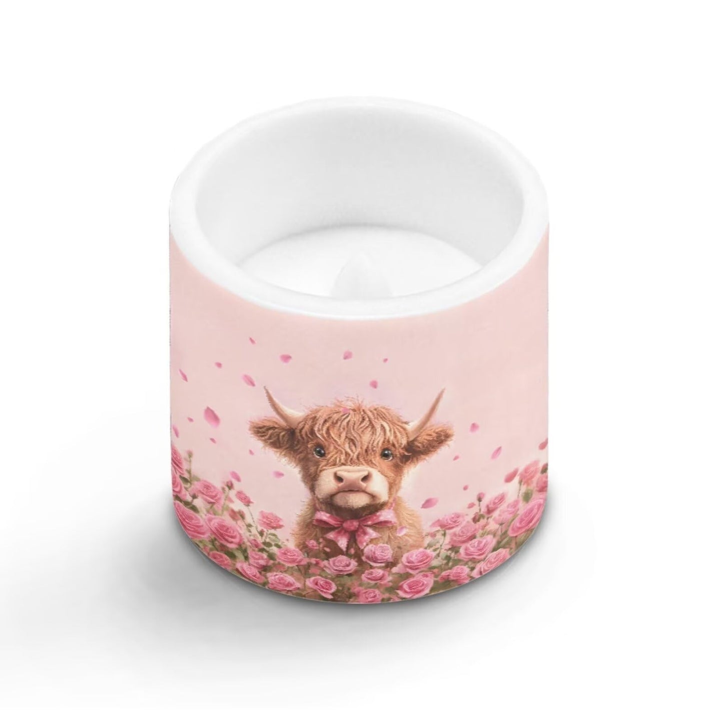 Merkmak Valentines Day Flickering Flameless Candles with Remote and Timer Battery Operated Candles Pink Rose Highland Cattle Print 4Pcs LED Pillar Tea Lights for Home Decor