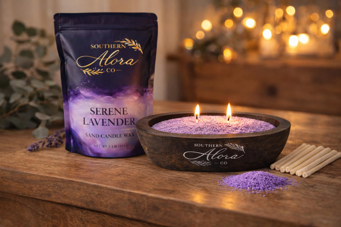 Sand Candle Wax 1 LB – Southern Alora Scented Candle Sand with 10 Cotton Wicks, Refillable & Reusable for Candle Making, Spill-Safe for Bowls & Centerpieces (Serene Lavender Kit with Wood Bowl)