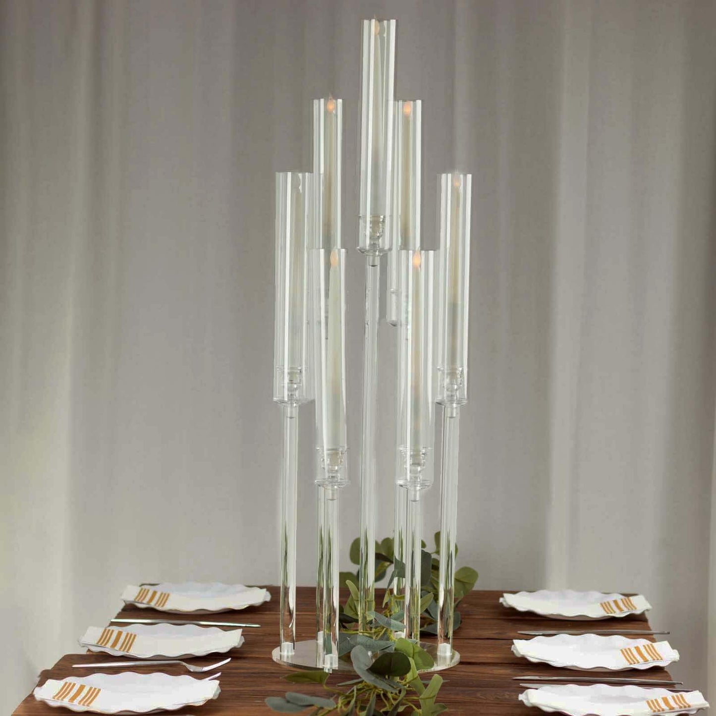 Efavormart 7 Arm Clear Acrylic Cluster Round Taper Candle Holder Candelabra, Pillar Candle Stick Stand with Circular Base - 33" Tall