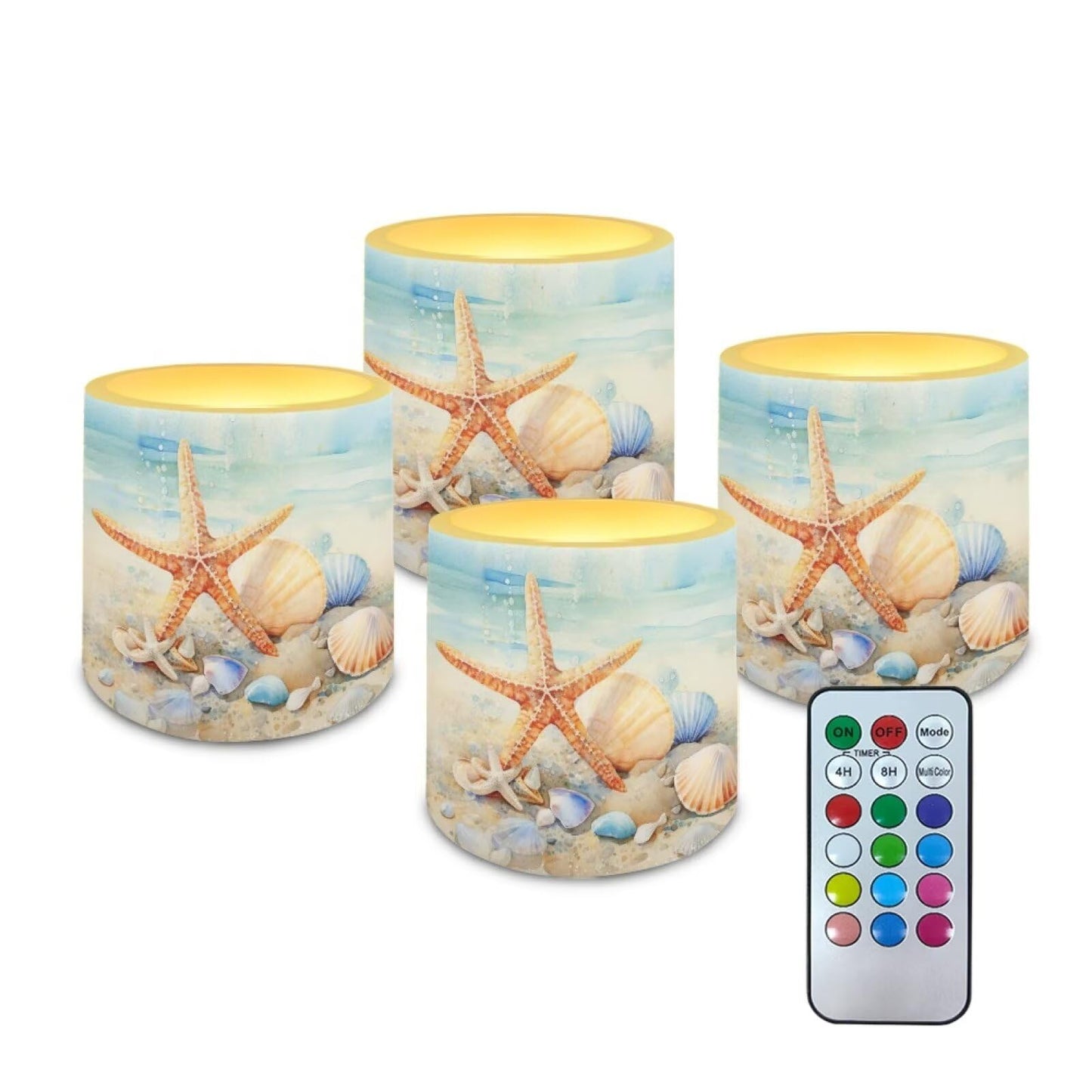 Merkmak 4 Pcs Coastal Flameless Candles Bulk with Remote Battery Operated Pillar Candles with Timer Painting Starfish Shell LED Tea Lights for Beach Theme Home Bathroom Bedroom Decorations