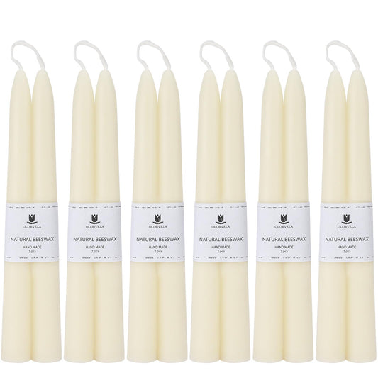 Olorvela White Beeswax Taper Candles,8" Long Candlestick,smokeless dripless unscented Natural Beeswax Candles.for Gift,Mother's Day (White, 12 Pack)