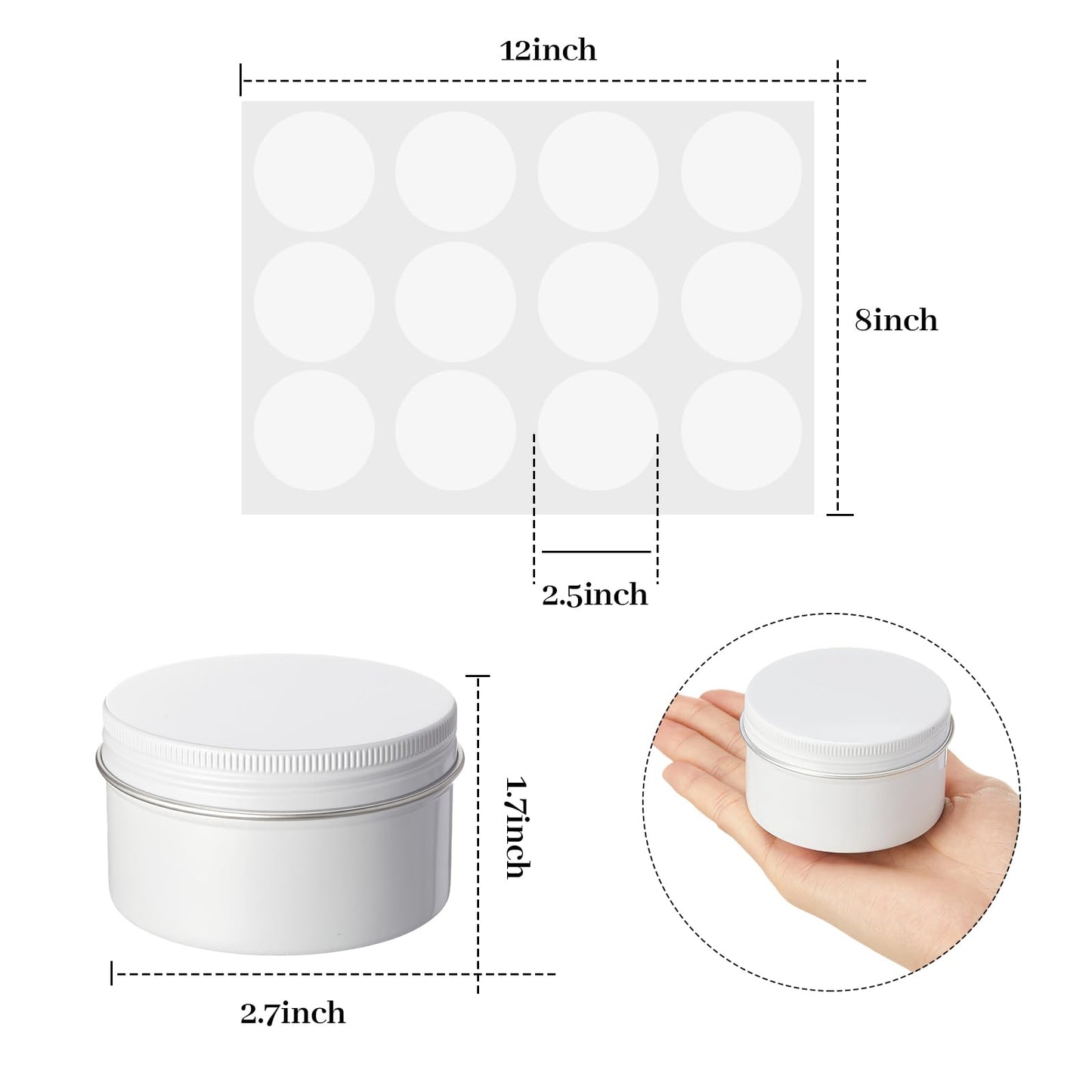 Patelai 36 Pcs 4 oz Metal Round Tins Aluminum Tin Cans Salve Tins Containers with Screw Lid 10 Sheets Stickers for Salve Spice Candies Balms Candles(White)