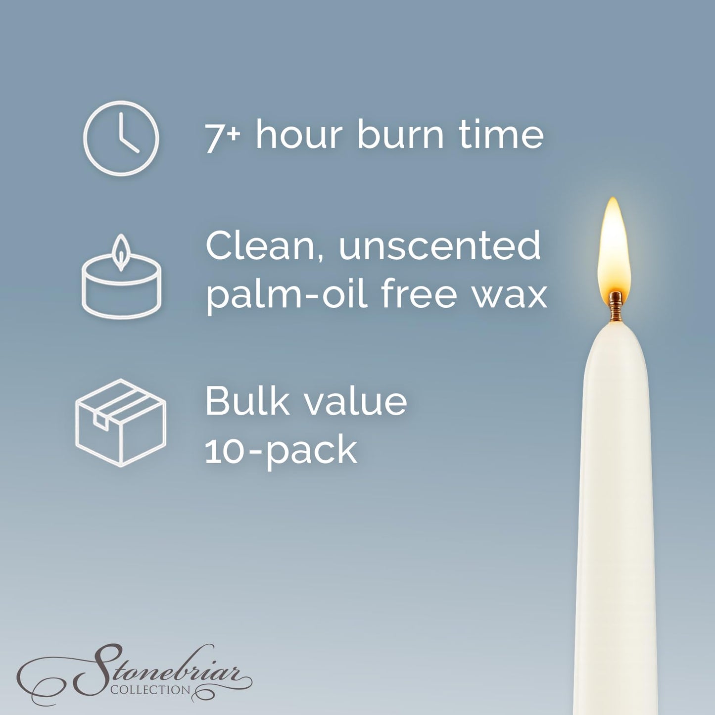 Stonebriar Tall 10" White Unscented 10 Count Taper Candles, 7 Hour Burn Time