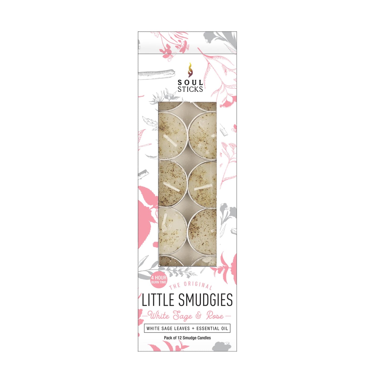 SOUL STICKS 12 Pack Little Smudgies Tealight Candles Smudge Candle for Cleansing House, Meditation, Chakra Healing | Made with Crystals and Herbs (White Sage & Rose)