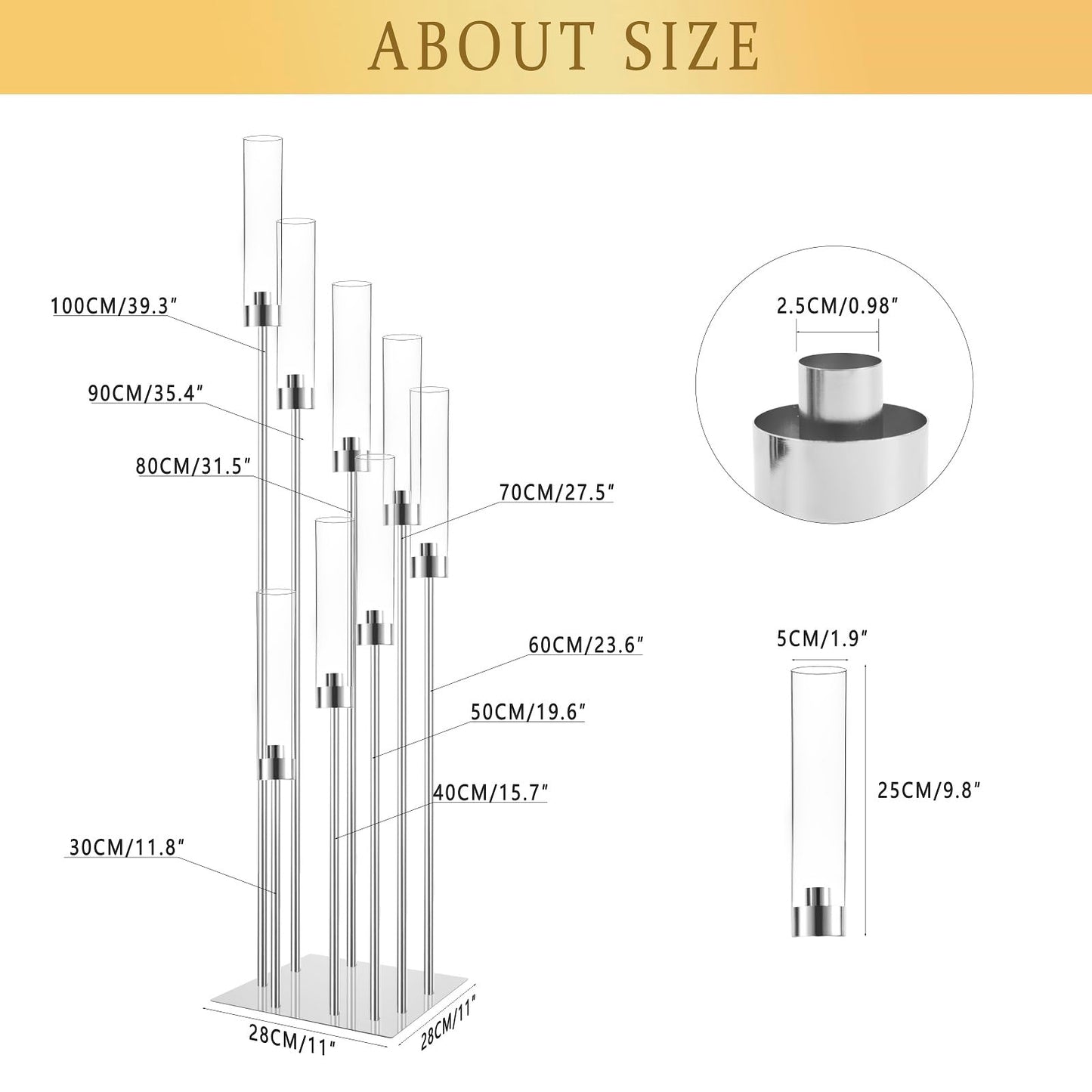 Floor Candelabra Wedding Centerpiece, 45.3'' Tall Floor Candle Holder Set, 8-arm Silver Metal Candlestick Holders with Acrylic Shades, LED Taper Candle Holder Stand for Party Wedding Home Decor
