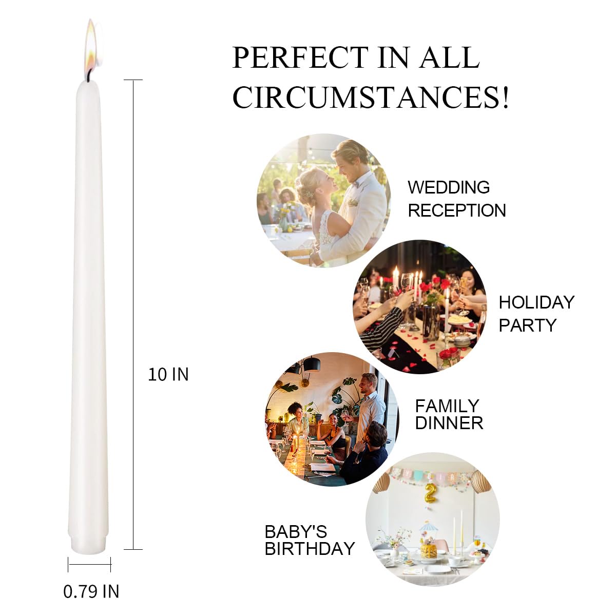 10 inch Cone-Shaped Candle, Set of 24 Smoke-Free, drip Free Wax, Long Burning, Used for Home Decoration, Churches, Celebrations, Parties (White)