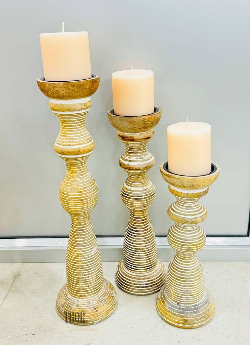 White Washed Hand Carved Wooden Pillar Candle Holders - Set of 3 | Chennai Decorative Style | Crafted from Mango Wood | Rustic Table Centerpiece Decor | Sized 18", 15" and 12"