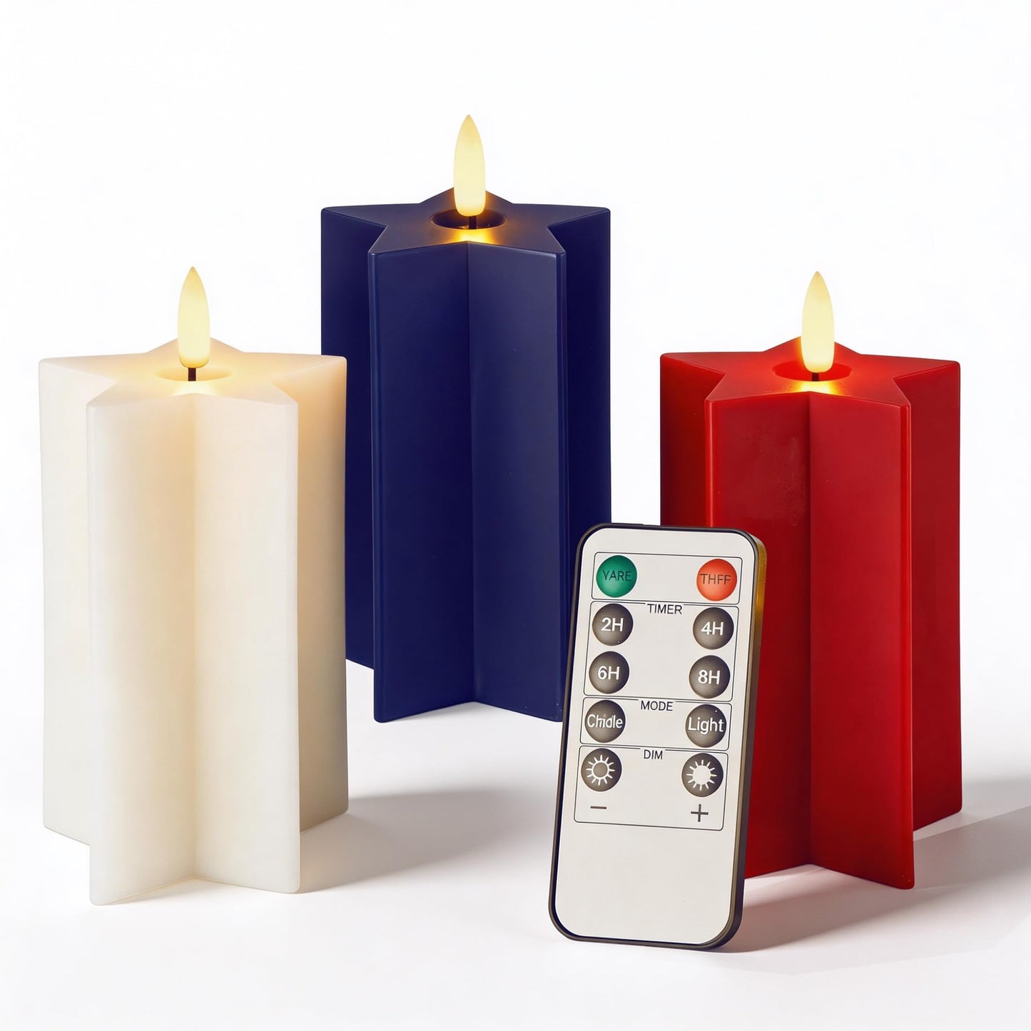 Velsyn Americana Set of 3 Red, White & Blue Star-Shaped Flameless Candle Pillars - Real Wax 3D Flame LED Candle
