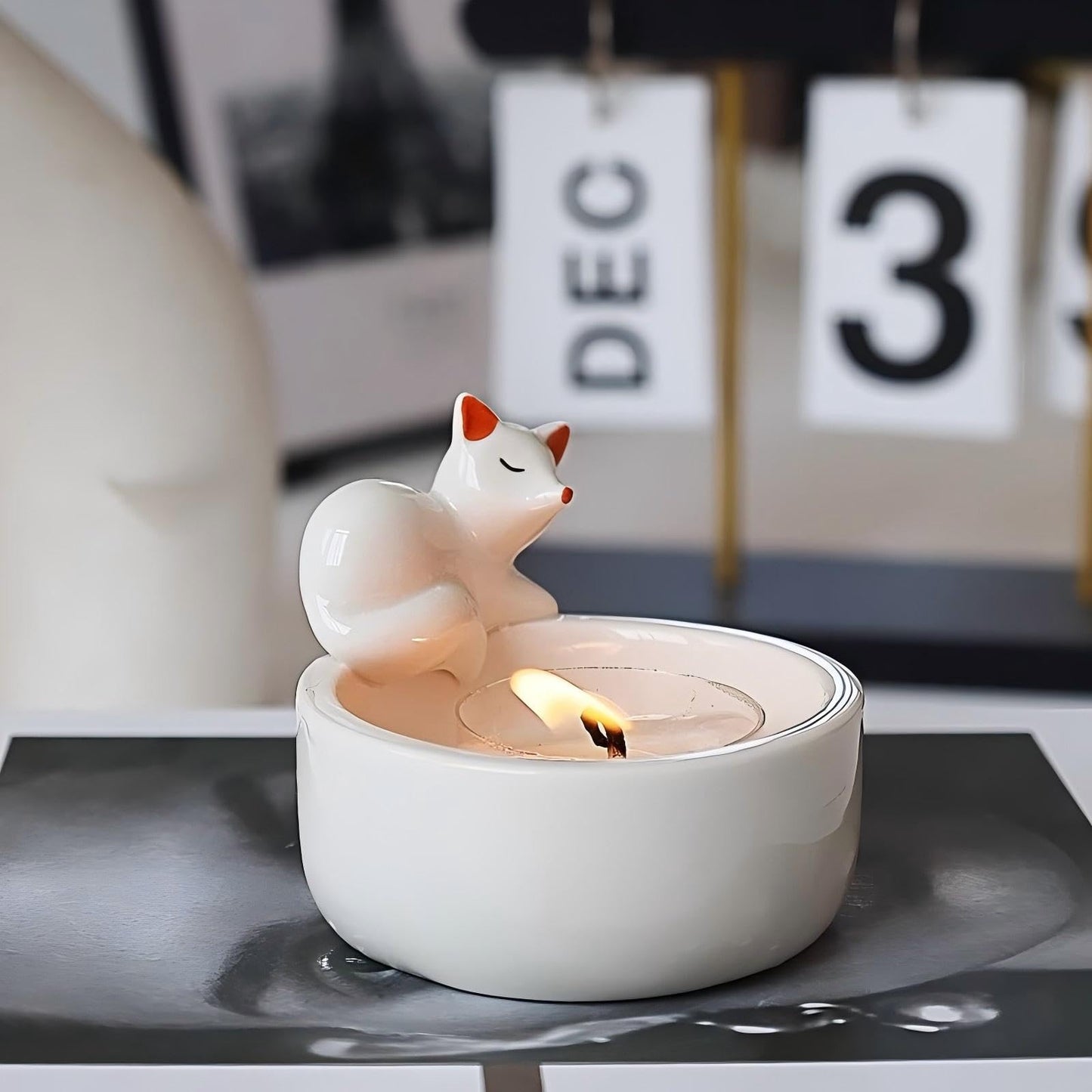 WARMCITY Handmade Animal Candle Holder, Lovely Kitten Canlestick Holder, Cartoon Figures Warming Its Paws Cute Light Holder for Candle Lovers- Candle NOT Included (Fox Red)
